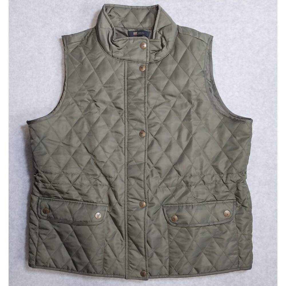 Womens FRYE Diamond Quilted Vest Olive Green Snap Button Pockets Large